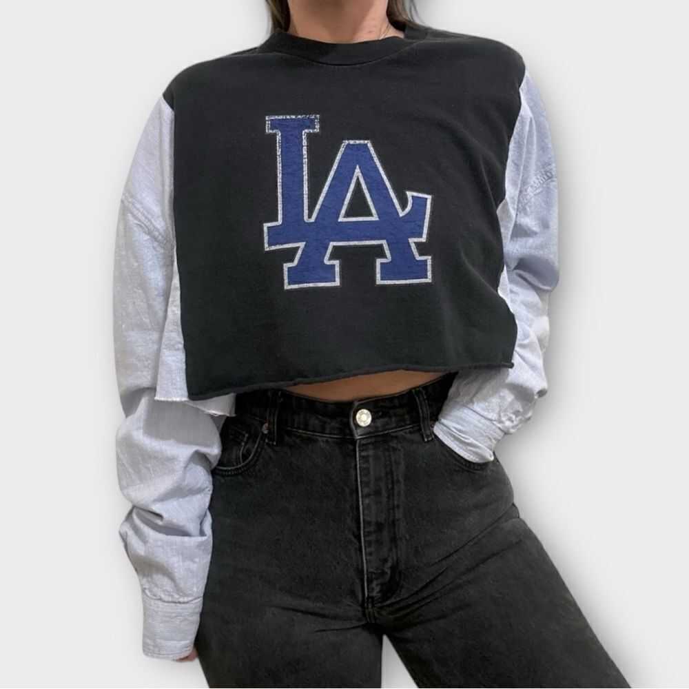 Reworked Upcycled Cropped LA Black Blue LongSleeved Shirt Top